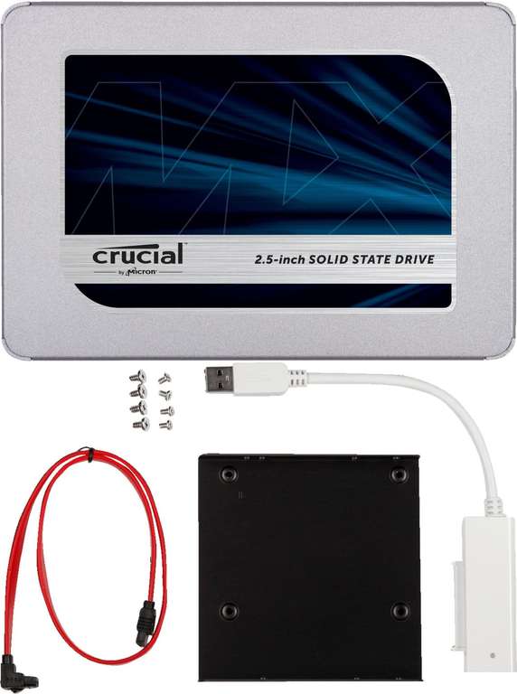 SSD Crucial MX500 500GB (2.5", R:560MB/s, W:510MB/s) + Crucial Installationskit (Einbaurahmen, SATA-Kabel, Schrauben, USB-Adapter)