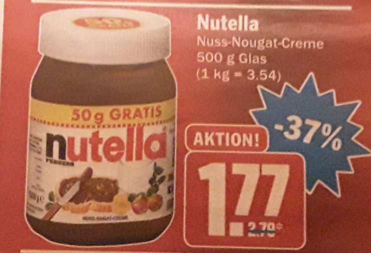 Nutella 450g + 50g gratis für 1,77 € ( 3,54 €/kg) @ HIT Märkte bundesweit ab 11.02.