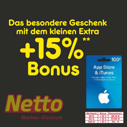 [Netto MD] 15% extra Guthaben auf App Store & iTunes Geschenkkarte