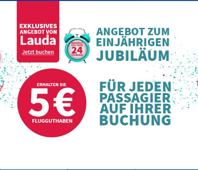 Flüge: Laudamotion Geburtstag - 5€ Gutschrift für Oneway Flüge / 10€ für Return Flüge