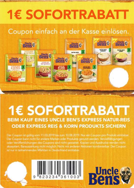 1€ Coupon für den Kauf eines Uncle Ben's Express Natur-Reis oder Reis&Korn Produktes bis 10.08.2019