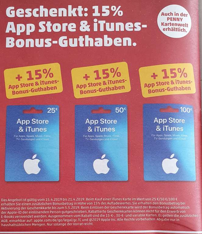 +15% extra App Store & iTunes Guthaben [Penny Markt Off- & Online ab. 15.04.]
