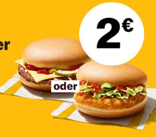 [McDonald's App] für 2€ 2 Cheeseburger, 2 Chickenburger oder Kombi bei McDonalds