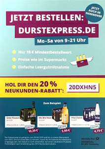 (lokal Hannover) Durstexpress.de-Lieferdienst 20% bis 100€