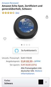 [Amazon] Amazon Echo Spot *Generalüberholt* schwarz und weiß für 89,99€