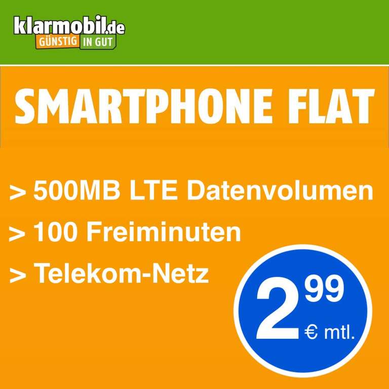 Klarmobil Tarif mit 500MB LTE im Telekom-Netz mtl. 2,99€ od. ohne LTE mtl. 1,99€ + 100 Freiminuten + 25€ Caseable + 3 Monate Waipu.TV *reduzierte AG*