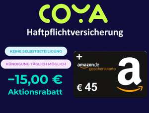 Eff. 33€ Gewinn mit Coya Haftpflichtversicherung & 45€ Amazon Gutschein + 15€ Rabatt für Singles & Familien [Neukunden, Premium Tarif]