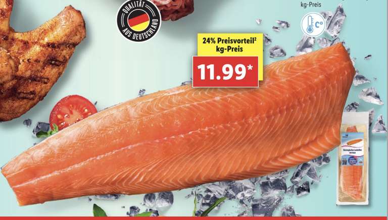 Norwegisches Lachsfilet Preis je kg nur 11,99€ - Packung ca. 1000g. Stücke [Lidl]