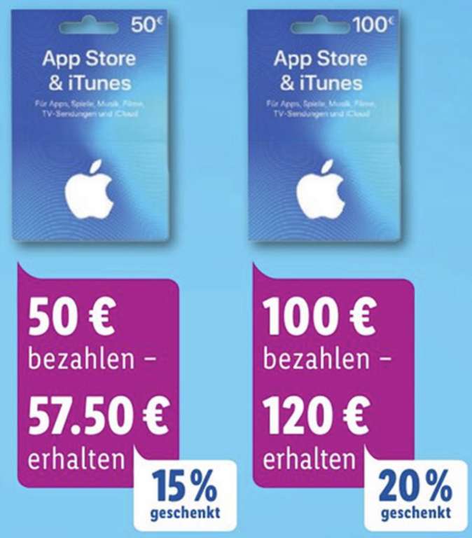 Lidl: Bis zu 20% zusätzliches Guthaben für iTunes & App Store Geschenkkarten - 25€, 50€ u. 100€ - ab 23.09.