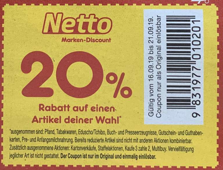 Netto Marken Discount: 20% bzw. 10% Rabatt auf einen Artikel deiner Wahl / lokal im Prospekt, aber evtl. bundesweit nutzbar