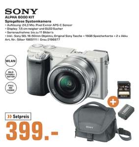 Lokal Saturn Erlangen: Sony Alpha 6000 Kit 16-50mm mit 2 Akkus + Sony Tasche + Speicherkarte für 399€