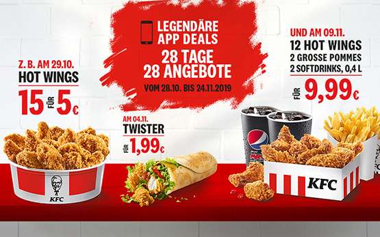 KFC "Legendäre App Deals - 28 Tage - 28 Angebote" vom 28.10. - 24.11. z.B 15 Hot Wings 5€, Zinger / Filet 1,99€ (Kentucky Fried Chicken)