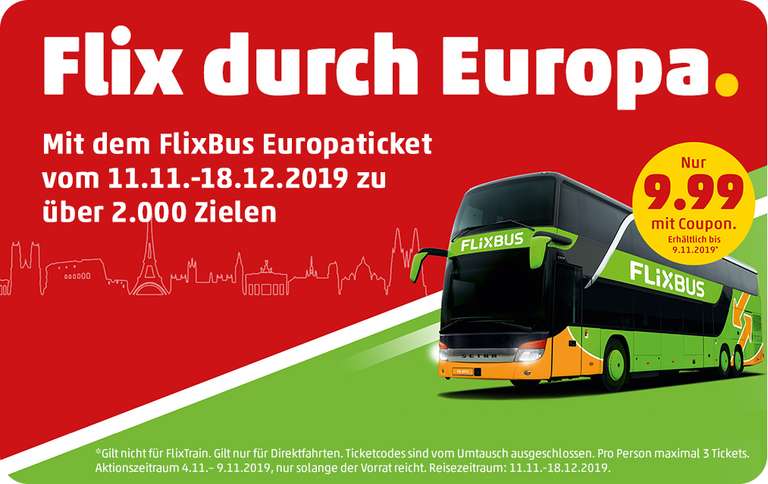 Flixbus Europaticket für 9,99€ 4.11-9.11 ! Einlösbar: 11.11-18.12.19 @ Penny