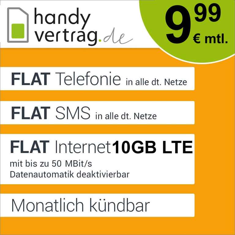 Handyvertrag.de Tarif mit 10GB LTE, Allnet- & SMS-Flat für mtl. 9,99€ + 0€ AG (monatlich kündbar, o2-Netz)