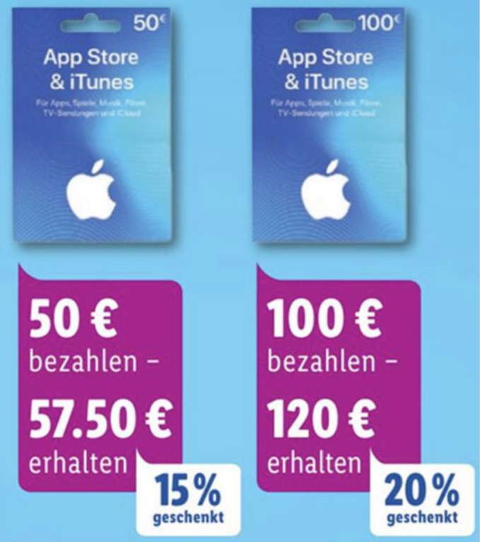 Lidl: Bis zu 20% zusätzliches Guthaben für iTunes & App Store Geschenkkarten - 25€, 50€ u. 100€ - ab 16.12.