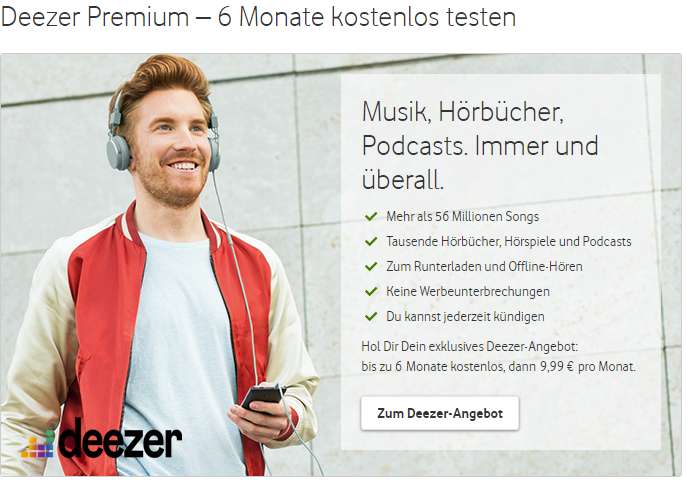 Deezer Premium 6 Monate kostenlos für Vodafone Mobilfunk-Kunden