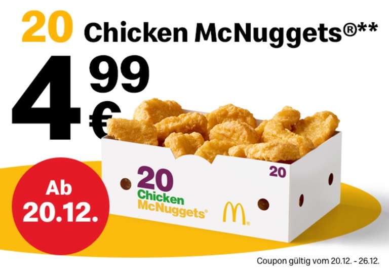 McDonalds 20 Chicken McNuggets via App Coupon für 4,99€