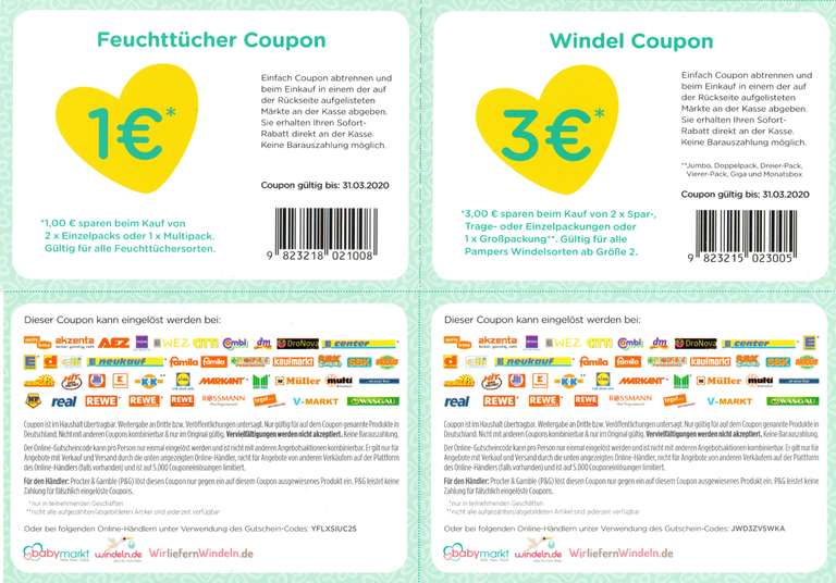 1€ Coupon für Pampers Feuchttücher und 3€ Coupon für Windeln bis 31.03.2020