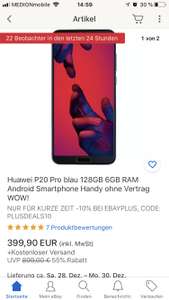 [Ebay] Huawei P20 Pro blau 128GB 6GB RAM Android Smartphone Handy ohne Vertrag.