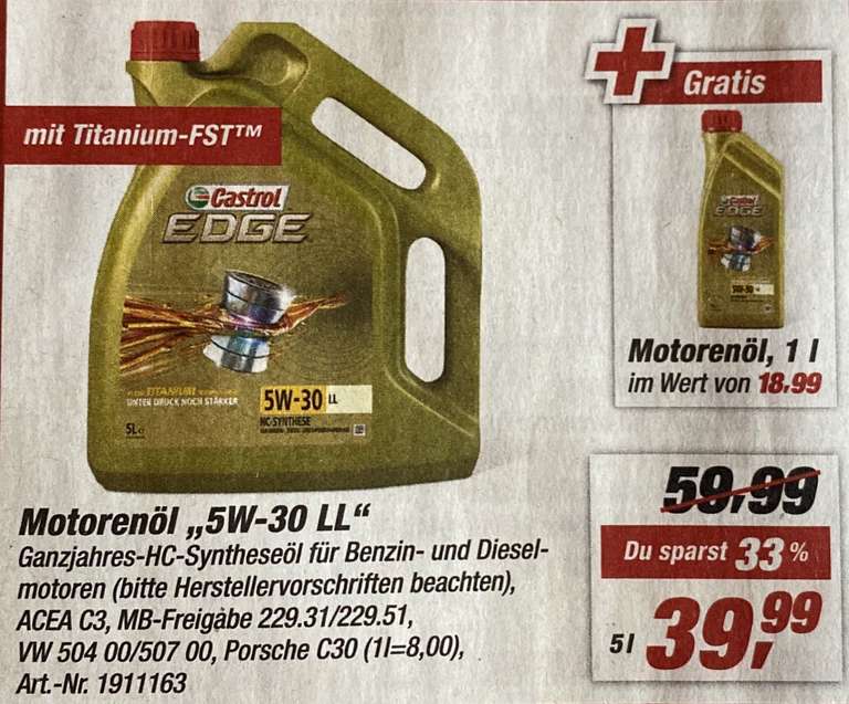 [Toom]6 Liter CASTROL EDGE TITANIUM FST 5W-30 LL (6,66€/L)
