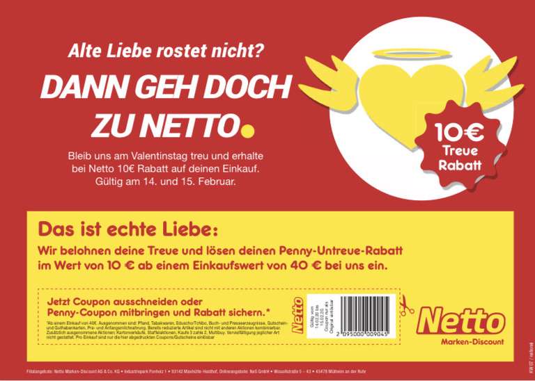 10€ Rabatt bei Netto (40€ Mindesteinkauf) Am 14.02 und 15.02