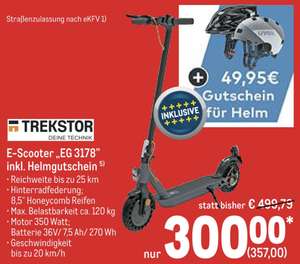 TREKSTOR EG 3178 E-Scooter mit Straßenzulassung + Gutschein für UVEX Helm für zusammen 357€ - ab 20.02. - Gewerbe o. Verein erforderlich