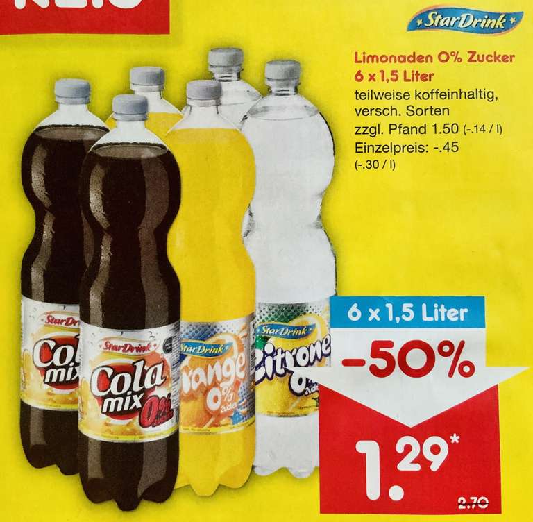 6 x 1,5 Liter Cola-Mix 0%, Orange 0%, Zitrone 0% für 1,29€ - (entspricht ca. 14 Cent je Liter)