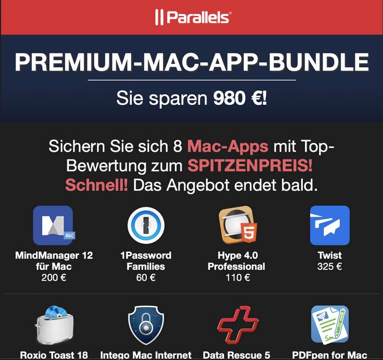 Premium Mac App Bundle (ohne Parallels) für 39,99€ mit 1Password, MindManager, Data Rescue usw.