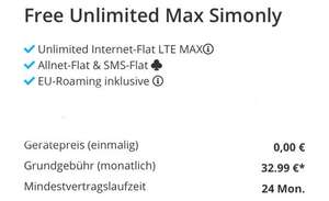 O2 Free Unlimited inkl LTE MAX nur 32.99€ im Monat !