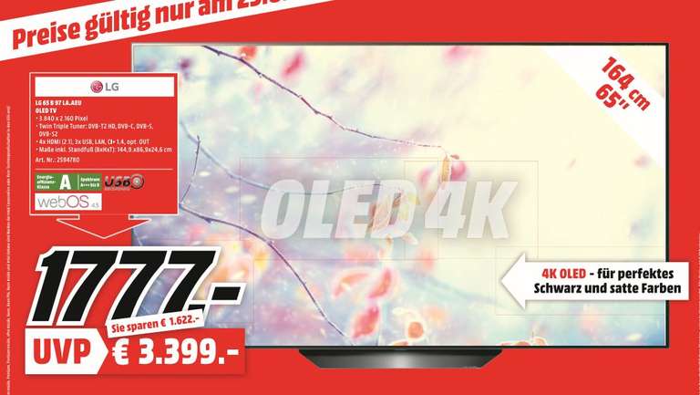 [Regional Mediamarkt Berlin-Nur am 23.02] Sony KD55XG8505 LED,4K Ultra HD, HDR, Smart TV für 699,-€ oder LG 65B97 la Oled TV für 1777,-€