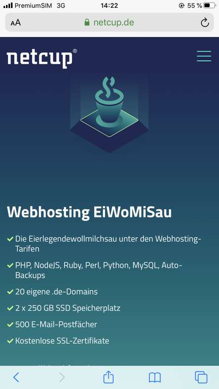 [netcup.de] EiWoMiSau Webhosting für 4,76€ / Monat • 20 .de Domain • 2x 250GB SSD Speicher • SSL • 500 Datenbanken • unlimited Traffic