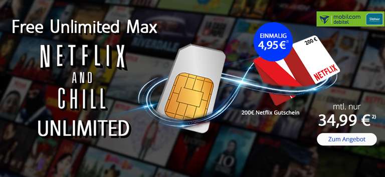 [modeo] Unlimited LTE Allnet-Flat für 34,99 €/Monat + 200 € Netflix-Gutschein im o2 Free Unlimited Max + bis zu 245 € Cashback möglich