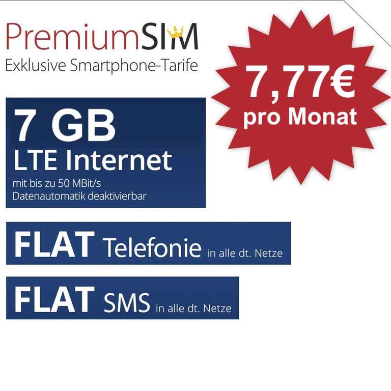 PremiumSIM Tarif mit 7GB LTE (50 Mbit/s) für mtl. 7,77€ inkl. Allnet- & SMS-Flat im Telefonica-Netz (3 Monate / 24 Monate)