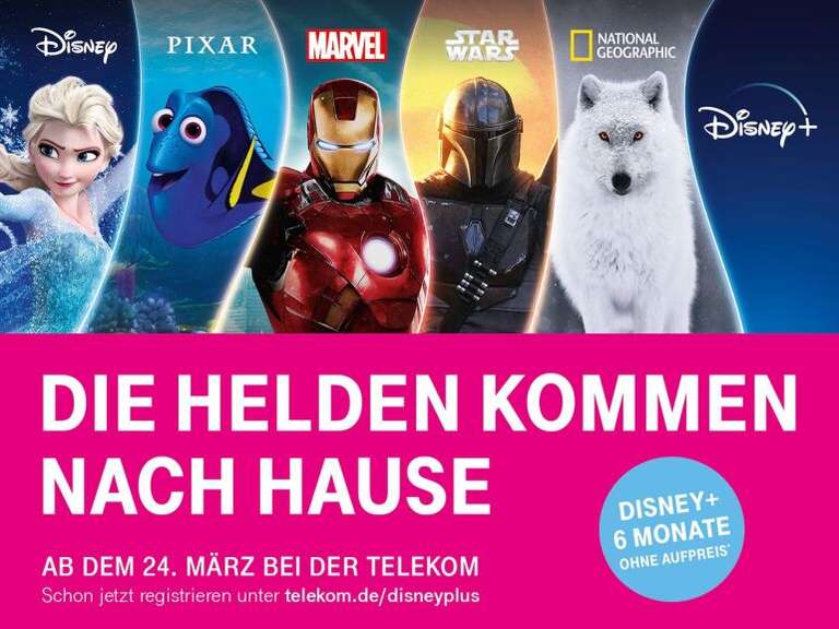 6 Monate gratis Disney+ für Telekom Magenta-Vertragskunden, danach 5€ statt 6,99€ pro Monat (monatlich kündbar)