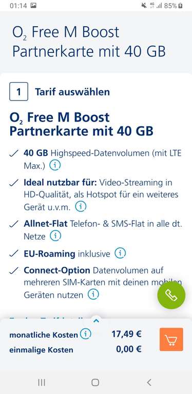 O2 Free M Boost Partnerkarte mit 40 GB (Für o2 Kunden 17,49€)