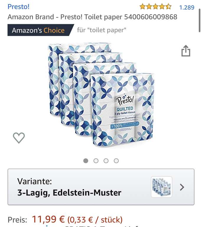 Amazon Prime - Toilettenpapier 4x Packungen a9 Rollen (200 Blatt 3lagig)