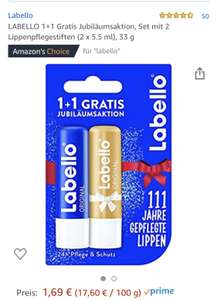 Amazon Prime - LABELLO 1+1 Gratis Jubiläumsaktion, Set mit 2 Lippenpflegestiften (2 x 5.5 ml)