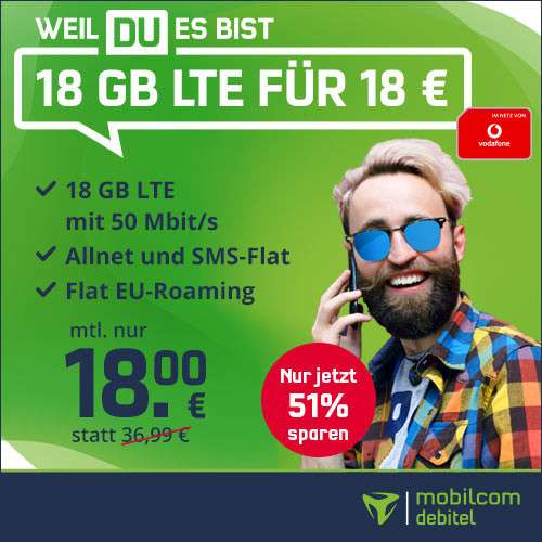 [Vodafone-Netz] mobilcom-debitel green LTE mit 18GB LTE (50 Mbit/s), Allnet- & SMS-Flat für 18€ / Monat (eSIM möglich)