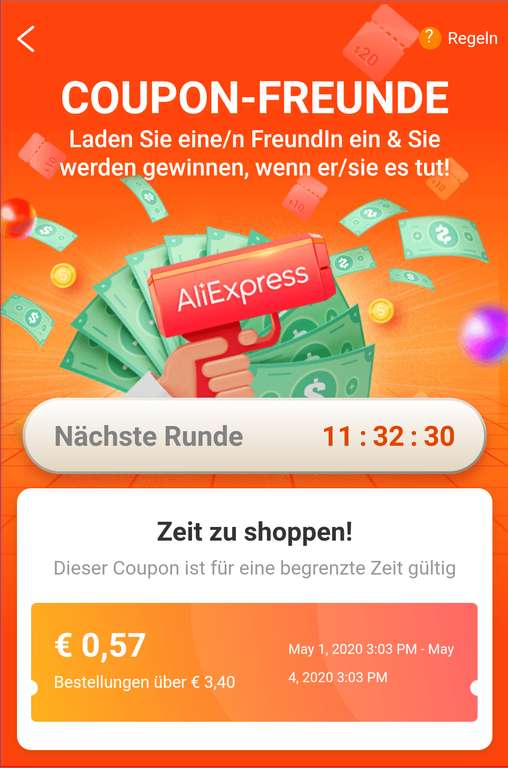 AliExpress App - Coupon Freunde Spiel bis 0,98€ (3,99€) Rabatt für Bestands- (Neu)kunden und Mindestbestellwert 4 Tage gültig