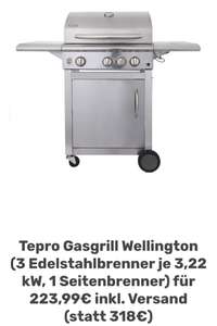 Tepro Gasgrill Wellington (3 Edelstahlbrenner je 3,22 kW, 1 Seitenbrenner) für 223,99€ inkl. Versand