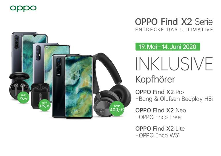 Oppo Find X2 Serie im WinSim (3GB LTE, Allnet/SMS): X2 Pro mit B&O H8i 805,75€ | X2 Neo mit Enco Free 565,75€ | X2 Lite mit Enco W31 445,75€