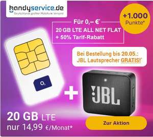 [Handyservice.de] 20 GB LTE Max All Net Flat für 14,99€ / Monat (o2-Netz) + JBL GO 2 Bluetooth-Lautsprecher + 1.000 DeutschlandCard Punkte