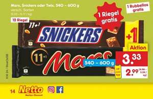Snickers, Mars oder Twix (12er Pack) bei Netto für 3,33€ (mit App 2,99€)