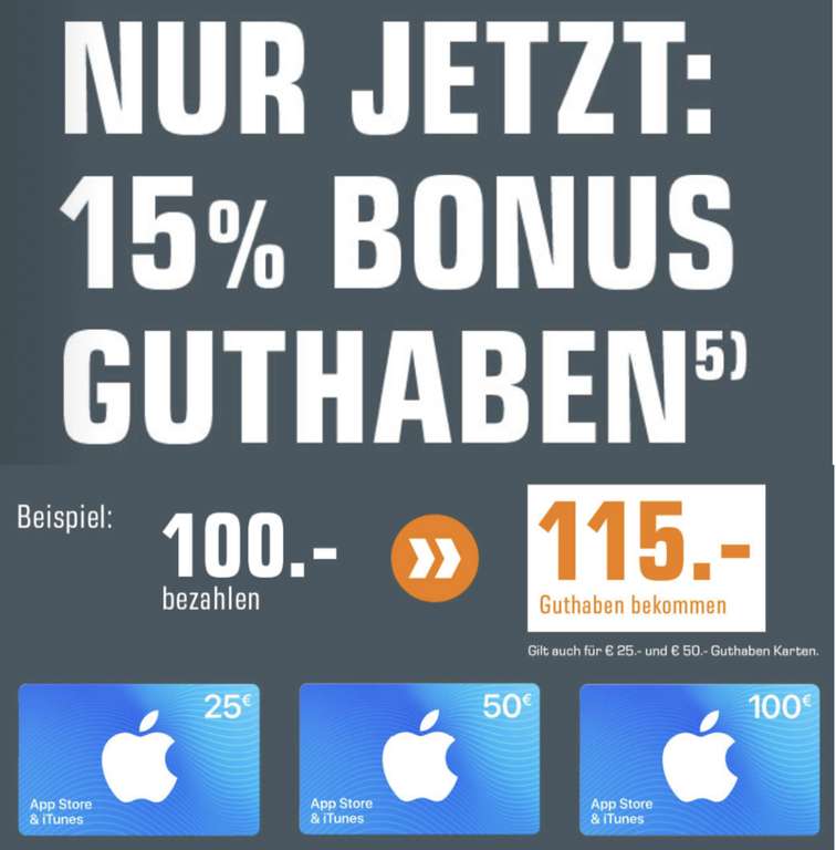 15% zusätzliches Guthaben für iTunes & App Store Geschenkkarten - 25€, 50€ u. 100€ - ab 17.06. [Saturn]