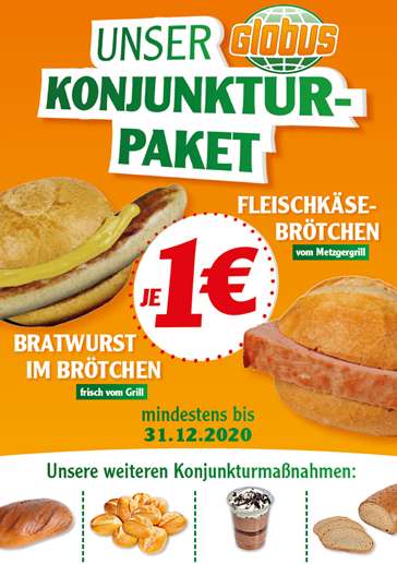 Globus Fleischkäse Brötchen (bzw. Leberkäse Semmel), Torte-to-Go, Bratwurst, 10 Brötchen für je 1 Euro (zusätzlich: MwSt.-Reduzierung)
