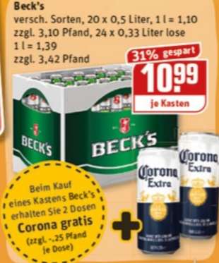 (Rewe NRW + BW) Ein Kasten Beck's + 2 Dosen Corona gratis