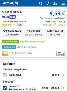 MegaSim über Mobilcom Debitel - 10GB bis zu 225Mbit/s LTE Telefon und SMS Flat effektiv 9,53€/ mtl.
