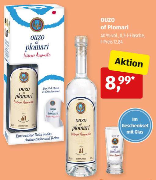 OUZO of Plomari 0,7L 40% Geschenkset mit Glas ab 17.07. für nur 8,99€ [ALDI-SÜD]