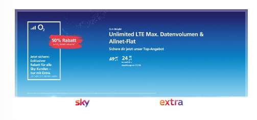 50% auf o2 Laufzeitverträge für Sky Extra Kunden u.a. o2 Free Unlimited Max für 24,99€ monatlich!