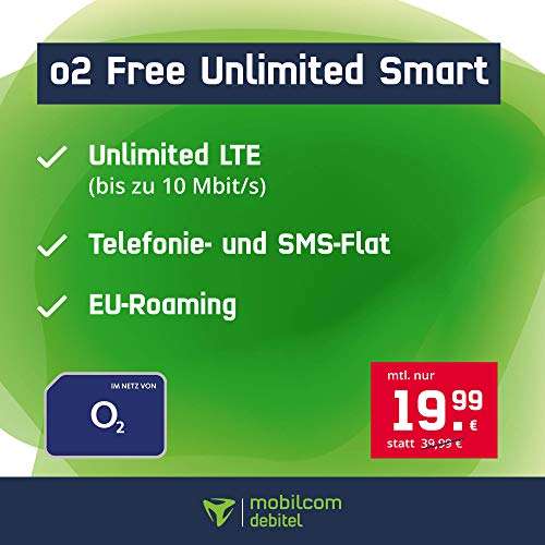 Mobilcom-Debitel o2 Free Unlimited Smart (unlimitiertes Datenvolumen, 10 Mbit/s) für 19,99€ / Monat (24 Monate) [Telefónica-Netz]
